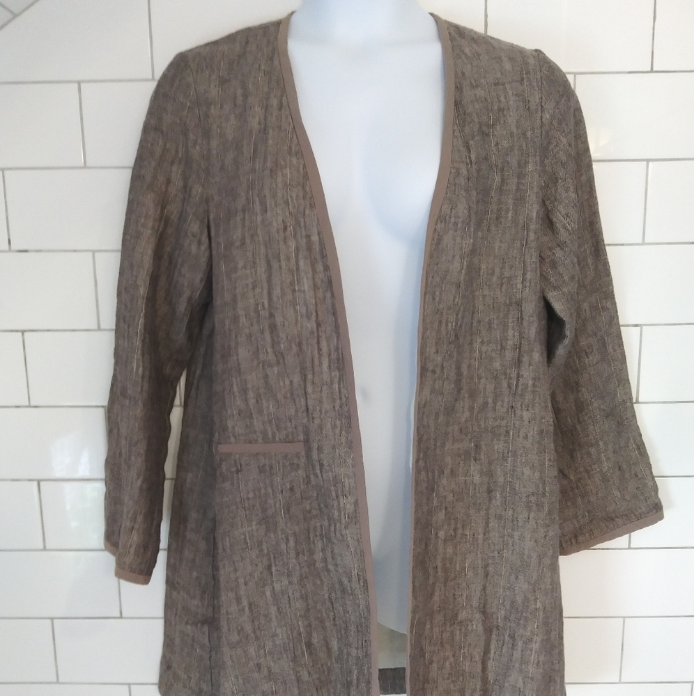 Eileen Fisher Lg Linen / Cotton Open-Front Lightweight Jacket, Black & Tan